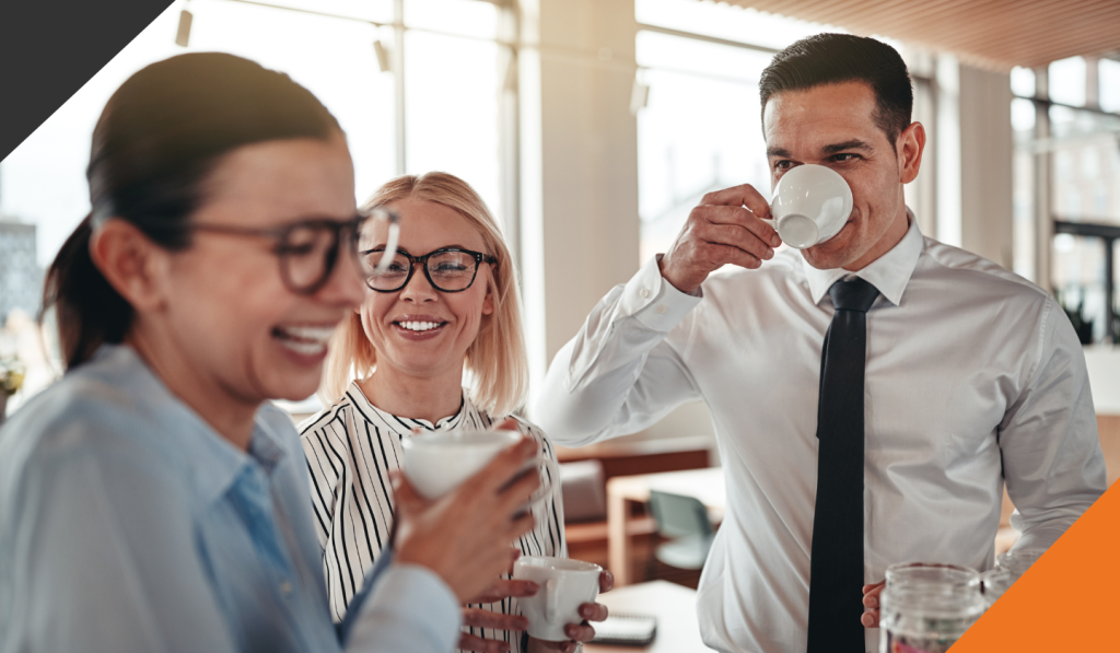 3 employees enjoying coffee and exercising bare minimum monday self-care